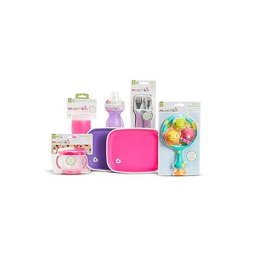 먼치킨 Munchkin® 1st Birthday Baby/Toddler Gift Set, Includes Sippy Cups, Plates, Feeding Utensils, Snack Catcher, Bath Toy and Teether, Pink
