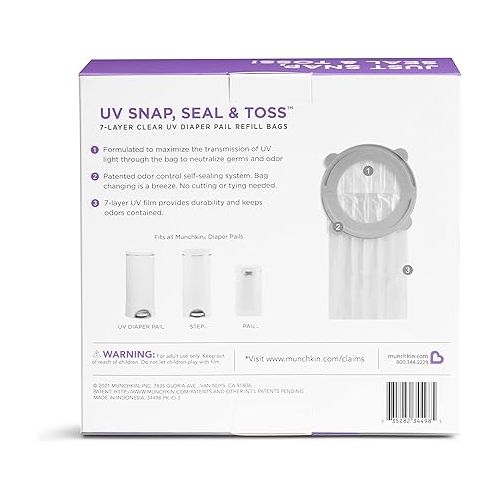 먼치킨 Munchkin® UV Snap, Seal & Toss Diaper Pail Refill Bags, Holds 600 Diapers, 20 Count