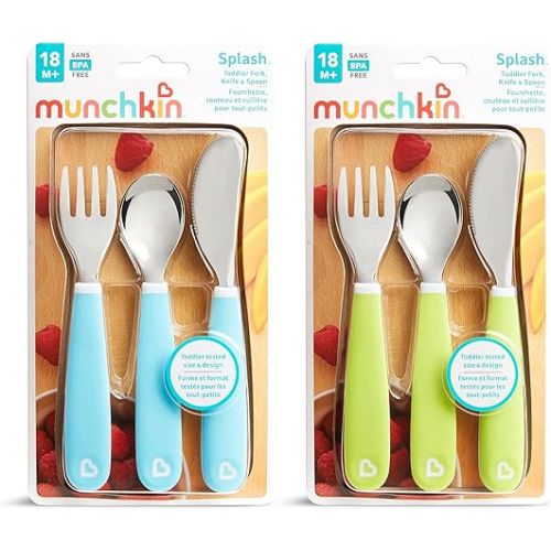 먼치킨 Munchkin® Splash™ Toddler Fork, Knife and Spoon Utensil Set, 6 Count, (Pack of 2)Blue/Green