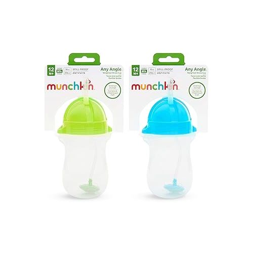 먼치킨 Munchkin® Any Angle™ Weighted Toddler Straw Cup with Click Lock™ Lid, 10 Ounce, Blue/Green, 2 Count (Pack of 1)