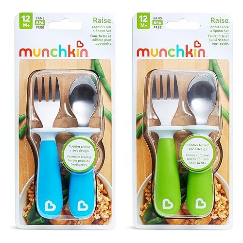 먼치킨 Munchkin® Raise™ Toddler Plastic Fork and Spoon Utensil Set, 4 Pack, Blue/Green