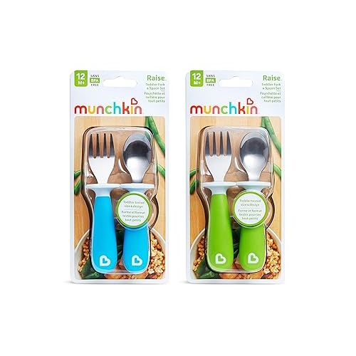 먼치킨 Munchkin® Raise™ Toddler Plastic Fork and Spoon Utensil Set, 4 Pack, Blue/Green