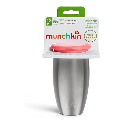 먼치킨 Munchkin Miracle 360 Toddler Sippy Cup, Spill Proof, 10 Ounce, Stainless Steel, Pink