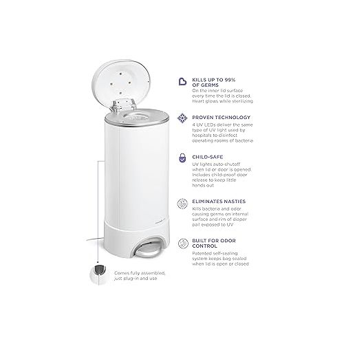 먼치킨 Munchkin UV Diaper Pail #1 in Odor Control, LED UV Lights Kills 99% of Germs and Odor Causing Bacteria on Lid Surface, Includes 1 UV Refill Ring and 1 UV Snap, Seal & Toss Bag