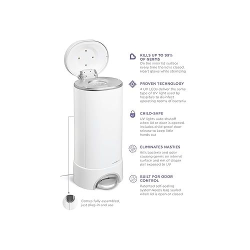 먼치킨 Munchkin UV Diaper Pail #1 in Odor Control, LED UV Lights Kills 99% of Germs and Odor Causing Bacteria on Lid Surface, Includes 1 UV Refill Ring and 1 UV Snap, Seal & Toss Bag