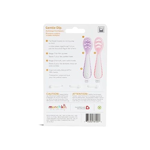 먼치킨 Munchkin® Gentle Dip™ Multistage First Spoon Set for Baby Led Weaning, Self Feeding, Solids & Purees, 3 Pack, Coral/Purple