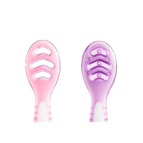 먼치킨 Munchkin® Gentle Dip™ Multistage First Spoon Set for Baby Led Weaning, Self Feeding, Solids & Purees, 3 Pack, Coral/Purple