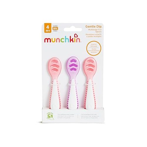 먼치킨 Munchkin® Gentle Dip™ Multistage First Spoon Set for Baby Led Weaning, Self Feeding, Solids & Purees, 3 Pack, Coral/Purple