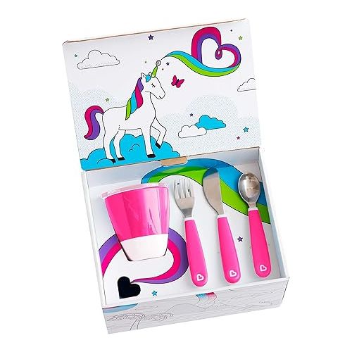 먼치킨 Munchkin® Color Me Hungry 7pc Toddler Feeding Supplies Set, Includes Plates, Bowl, Open Cup and Utensils in a Gift Box, Pink