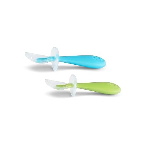 먼치킨 Munchkin® Silicone Scoop™ Trainer Spoons with Choke Guard for Baby Led Weaning, 4 Count, Blue/Green