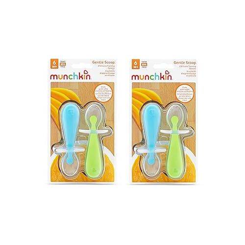 먼치킨 Munchkin® Silicone Scoop™ Trainer Spoons with Choke Guard for Baby Led Weaning, 4 Count, Blue/Green