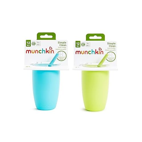 먼치킨 Munchkin® Simple Clean™ Toddler Sippy Cup Tumbler with Easy Clean Straw, 10 Ounce, 2 Pack, Blue/Green