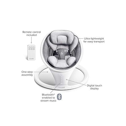 먼치킨 Munchkin® Bluetooth Enabled Lightweight Baby Swing with Natural Sway in 5 Ranges of Motion and Baby Bloom™ High-Contrast Infant Mobile