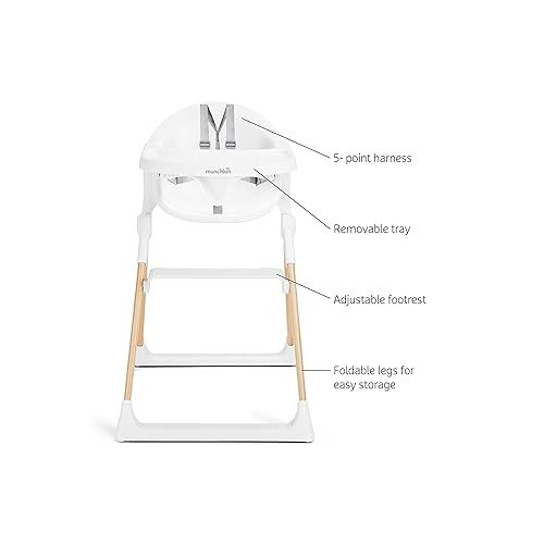 먼치킨 Munchkin® Float™ Foldable Baby and Toddler High Chair - Easy Clean, Compact and Lightweight, Great for Small Spaces, White with Wooden Legs