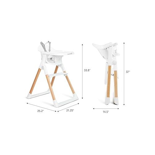 먼치킨 Munchkin® Float™ Foldable Baby and Toddler High Chair - Easy Clean, Compact and Lightweight, Great for Small Spaces, White with Wooden Legs