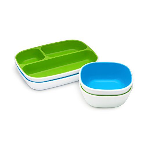 먼치킨 [아마존베스트]Munchkin Splash 4 Piece Toddler Divided Plate and Bowl Dining Set, Blue/Green