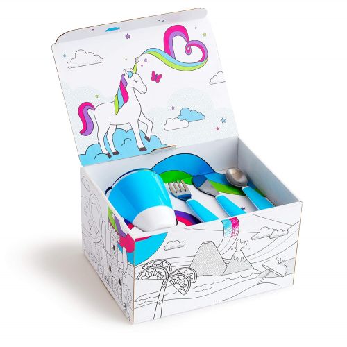 먼치킨 [아마존베스트]Munchkin Color Me Hungry Splash 7pc Toddler Dining Set  Plate, Bowl, Cup, and Utensils in a Gift Box, Blue