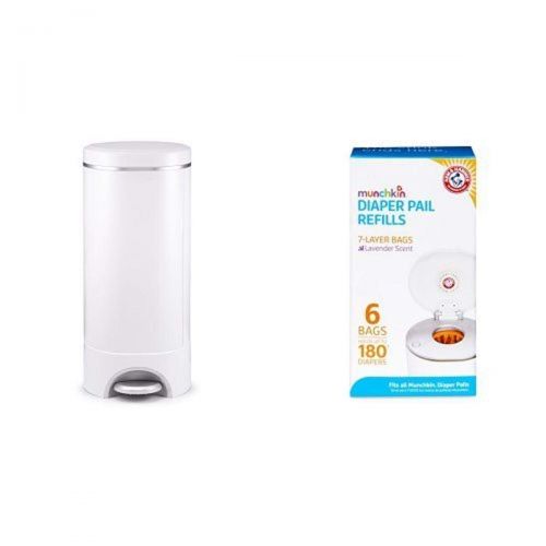 먼치킨 Munchkin Step Diaper Pail Powered by Arm & Hammer & Munchkin Arm & Hammer Diaper Pail Snap with Seal and Toss Refill Bags, 6 Count