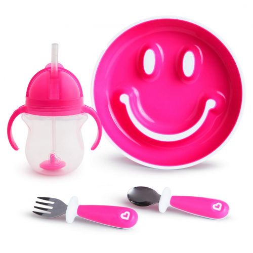 먼치킨 Munchkin Be Happy Toddler Dining Set, Includes Suction Plate, Straw Cup and Utensil Set, Pink