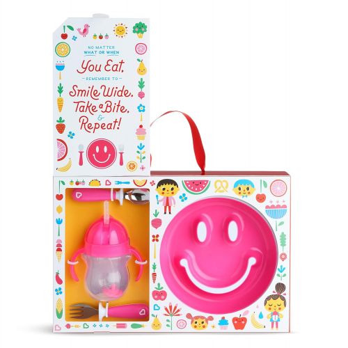 먼치킨 Munchkin Be Happy Toddler Dining Set, Includes Suction Plate, Straw Cup and Utensil Set, Pink