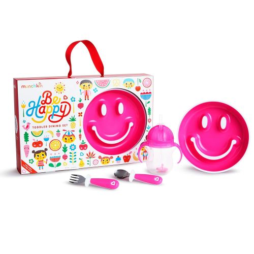 먼치킨 Munchkin Be Happy Toddler Dining Set, Includes Suction Plate, Straw Cup and Utensil Set, Pink