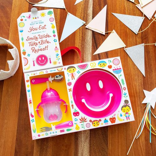 먼치킨 Munchkin Be Happy Toddler Dining Set, Includes Suction Plate, Straw Cup and Utensil Set, Pink