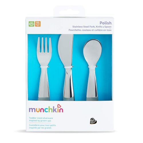 먼치킨 Munchkin Polish Stainless Steel Toddler Fork, Knife and Spoon Set