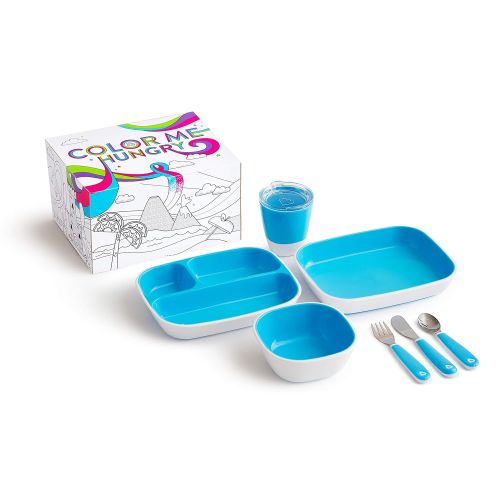 먼치킨 Munchkin Color Me Hungry Splash 7pc Toddler Dining Set  Plate, Bowl, Cup, and Utensils in a Gift Box, Blue