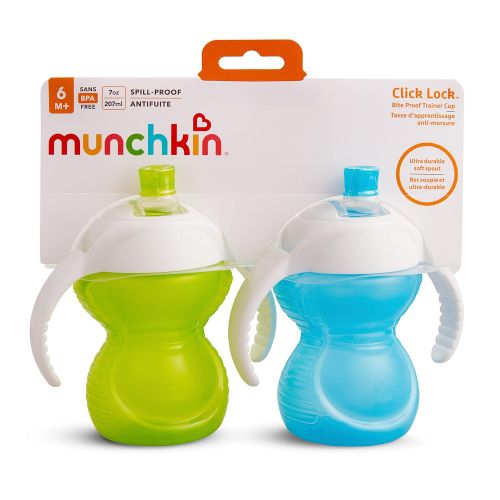 먼치킨 Munchkin Click Lock Bite Proof Trainer Cup, Blue/Green, 7 Ounce, 2 Count