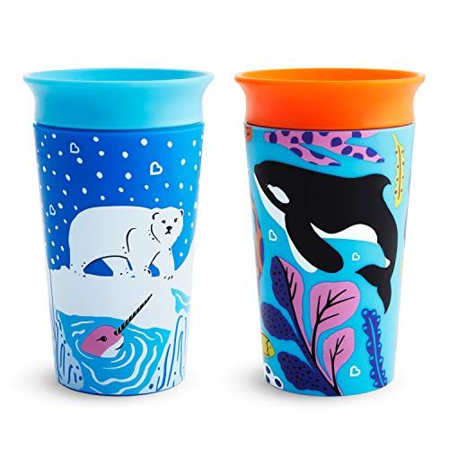 먼치킨 Munchkin Miracle 360 WildLove Sippy Cup, 9 Ounce, 2 Pack, Polar Bear/Orca