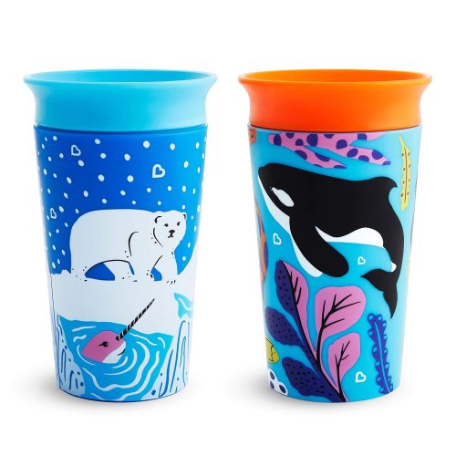먼치킨 Munchkin Miracle 360 WildLove Sippy Cup, 9 Ounce, 2 Pack, Polar Bear/Orca