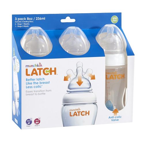 먼치킨 Munchkin Latch Anti-Colic Baby Bottle with Ultra Flexible Breast-like Nipple, BPA Free, 8 Ounce, 3 Pack