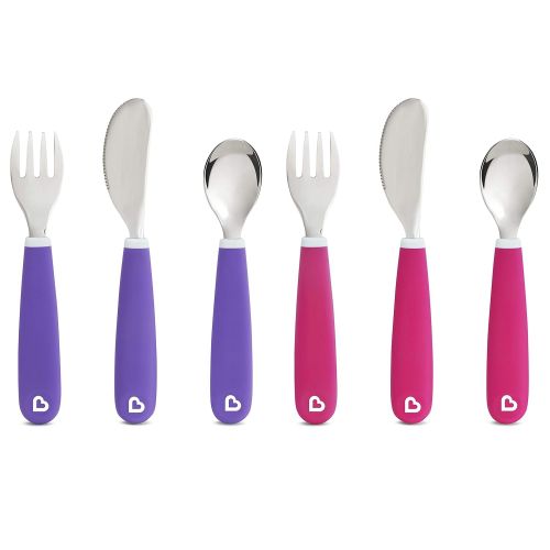 먼치킨 Munchkin Splash Toddler Fork, Knife and Spoon Set, 6 Pack, Pink/Purple