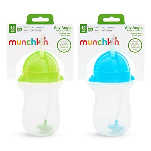 먼치킨 Munchkin Click Lock Any Angle Weighted Straw Cup, 10 Ounce, 2 Pack, Blue/Green