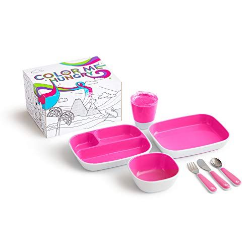 먼치킨 Munchkin Color Me Hungry Splash 7pc Toddler Dining Set  Plate, Bowl, Cup, and Utensils in a Gift Box, Pink