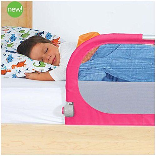 먼치킨 Munchkin Pink Bedrail with Push-button Hinge Folds Down for Easy Access and Strong Safety Straps