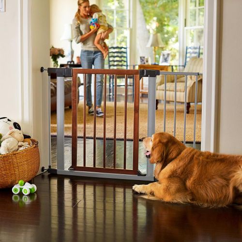 먼치킨 Munchkin Wood & Steel Pressure Mount Baby Gate for Stairs, Hallways and Doors, WoodLight...