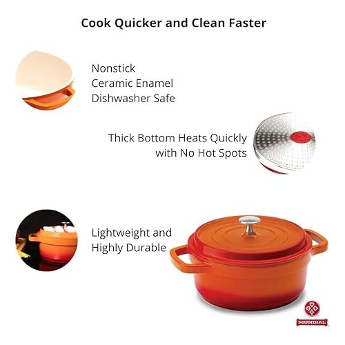  Hercules by Mundial, Cast-Aluminum Dutch Oven Pot with Lid & Handles, All Stove types, Oven-Safe Casserole Cookware with Nonstick Enamel, Orange 20L