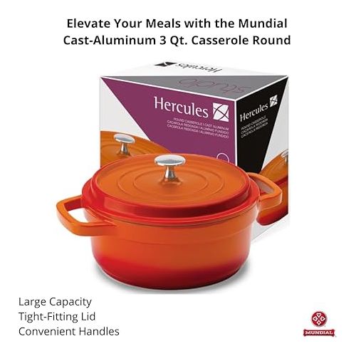  Hercules by Mundial, Cast-Aluminum Dutch Oven Pot with Lid & Handles, All Stove types, Oven-Safe Casserole Cookware with Nonstick Enamel, Orange 20L