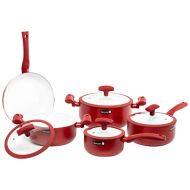 Mundial Hercules Nonstick Cookware Pots, Pans and Fry Pan Set, 9 Pieces, with Silicone Soft Touch Handles, Ceramic Coating Red