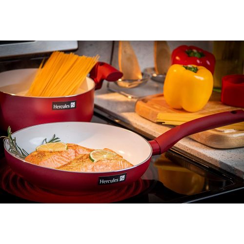  Mundial Hercules Nonstick Cookware Pots, Pans and Fry Pan Set, 9 Pieces, with Silicone Soft Touch Handles, Ceramic Coating Red