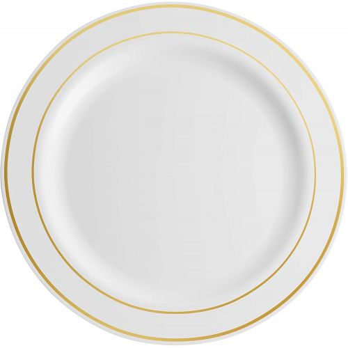  Munfix 100 Piece Plastic Party Plates White Gold Rim, 50 Premium Heavy Duty 10.25 Inch Dinner Plates and 50 Disposable 7.5 Inch Dessert Appetizer Elegant Fancy Heavy Duty Wedding Plates