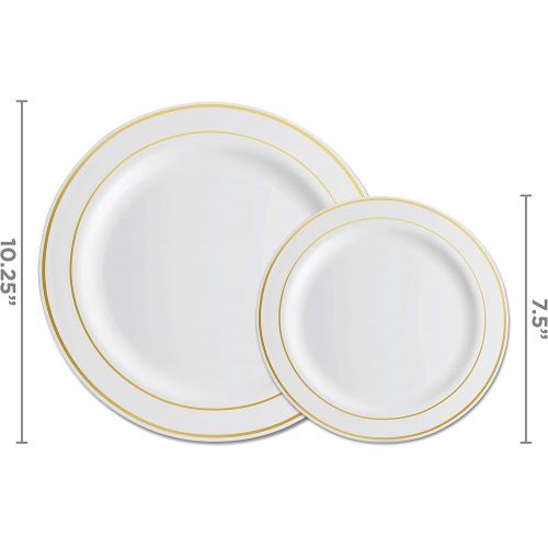  Munfix 100 Piece Plastic Party Plates White Gold Rim, 50 Premium Heavy Duty 10.25 Inch Dinner Plates and 50 Disposable 7.5 Inch Dessert Appetizer Elegant Fancy Heavy Duty Wedding Plates