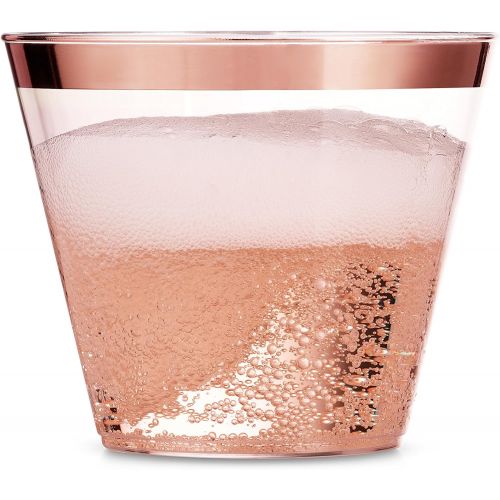  Munfix 100 Rose Gold Plastic Cups 9 Oz Clear Plastic Cups Old Fashioned Tumblers Rose Gold Rimmed Cups Fancy Disposable Wedding Cups Elegant Party Cups with Rose Gold Rim