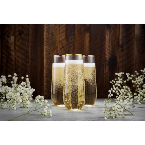  [아마존베스트]Munfix 48 Pack Stemless Plastic Champagne Flutes Disposable 9 Oz Gold Rim Clear Plastic Toasting Glasses Shatterproof Recyclable and BPA-Free