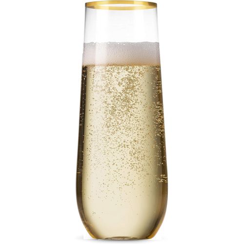  [아마존베스트]Munfix 48 Pack Stemless Plastic Champagne Flutes Disposable 9 Oz Gold Rim Clear Plastic Toasting Glasses Shatterproof Recyclable and BPA-Free