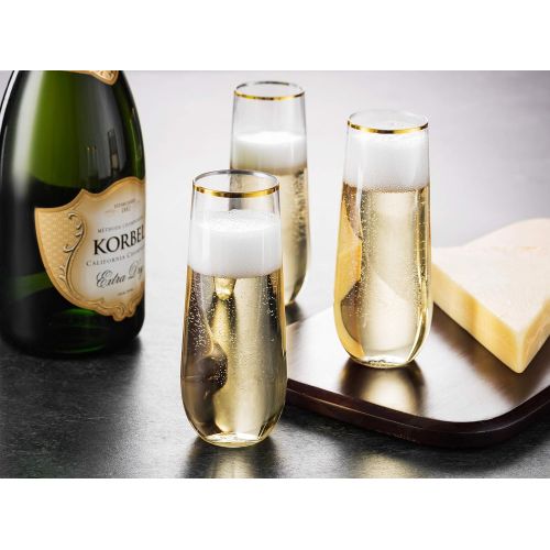  [아마존베스트]Munfix 48 Pack Stemless Plastic Champagne Flutes Disposable 9 Oz Gold Rim Clear Plastic Toasting Glasses Shatterproof Recyclable and BPA-Free