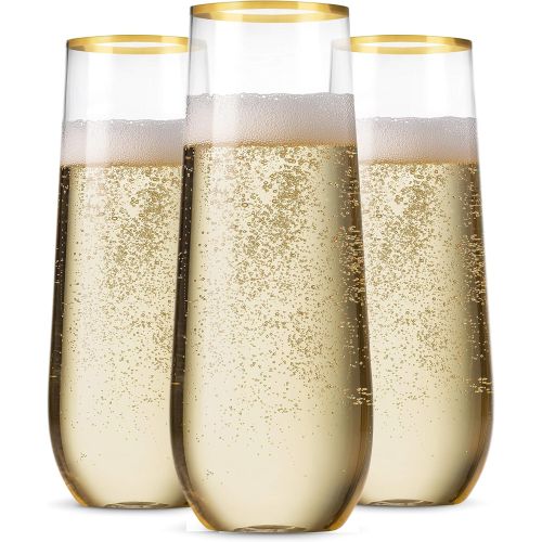  [아마존베스트]Munfix 48 Pack Stemless Plastic Champagne Flutes Disposable 9 Oz Gold Rim Clear Plastic Toasting Glasses Shatterproof Recyclable and BPA-Free