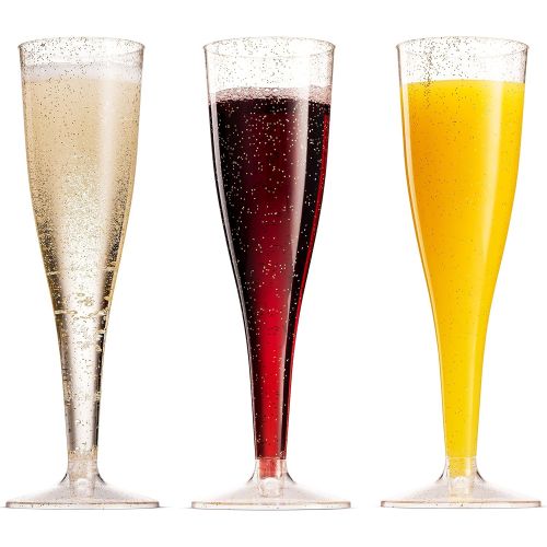  [아마존베스트]Munfix 50 Gold Glitter Plastic Champagne Flutes 5 Oz Clear Plastic Toasting Glasses Disposable Wedding Party Cocktail Cups