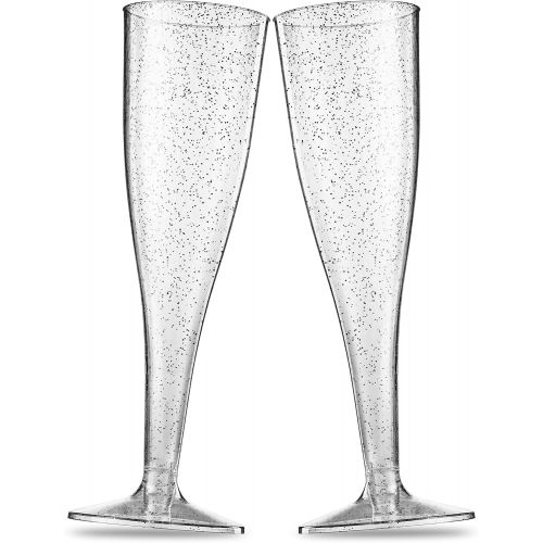  [아마존베스트]Munfix 50 Silver Glitter Plastic Champagne Flutes 5 Oz Clear Plastic Toasting Glasses Disposable Wedding Party Cocktail Cups